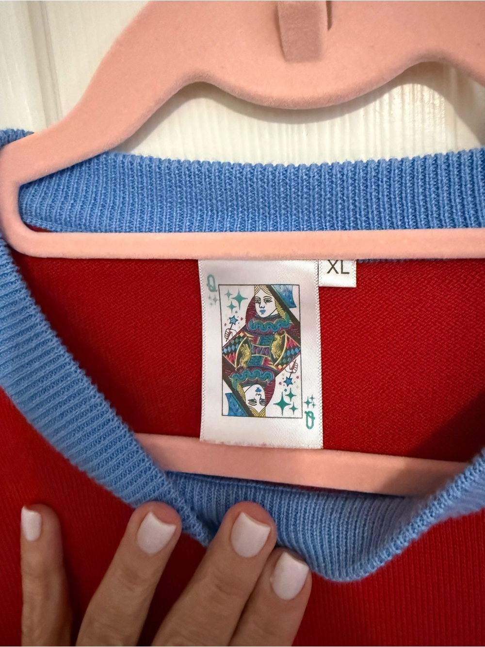 Queen of Sparkles RedSweater with Blue Trim and Rebs Detail - Picture 3 of 4